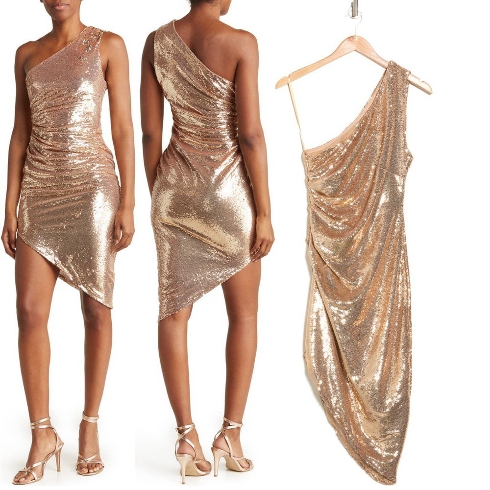Torn by Ronny Kobo Keira One-Shoulder Gold Sequin High-Low Dress - NWT - Size L